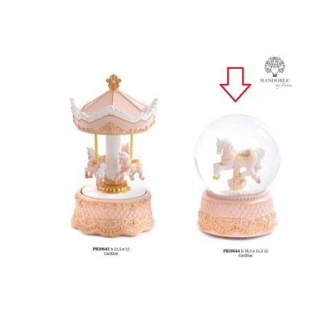 Bomboniera Battesimo Carillon Globo Palla di Neve Cavalluccio Da Giostra Cavallo Rosa e Oro