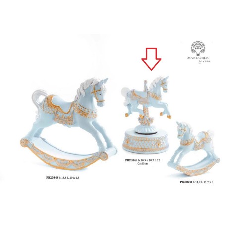 Bomboniera Battesimo Carillon Cavalluccio Da Giostra Cavallo Celeste e Oro