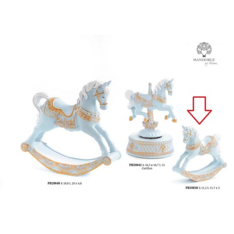 Bomboniera Battesimo Cavalluccio Da Giostra a Dondolo Cavallo h.11,2 Cm Celeste e Oro