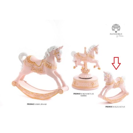 Bomboniera Battesimo Cavalluccio Da Giostra a Dondolo Cavallo h.11,2 Cm Rosa e Oro