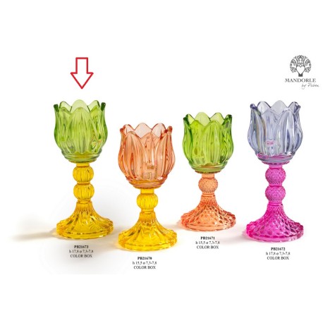 Bomboniera Matrimonio Compleanno Comunione Portacandela Tulipano Vetro Verde e Giallo h.17,8 Cm Con Box