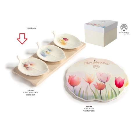 Bomboniera Matrimonio Set 3 Ciotoline Porcellana Foglia Con Vassoio Bambù Con Box
