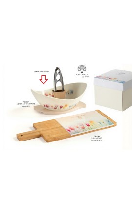 Bomboniera Matrimonio Set Ciotolina e Schiaccianoci Porcellana e Legno Decoro Tulipani Con Box