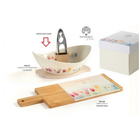 Bomboniera Matrimonio Set Ciotolina e Schiaccianoci Porcellana e Legno Decoro Tulipani Con Box