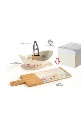 Bomboniera Matrimonio Tagliere Porcellana e Legno Decoro Tulipani Con Box
