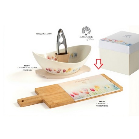 Bomboniera Matrimonio Tagliere Porcellana e Legno Decoro Tulipani Con Box