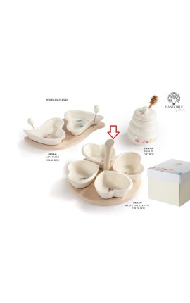 Bomboniera Matrimonio Set Antipastiera 4 Ciotoline Cuore Antipastiera Porcellana e Legno Decoro Tulipani Con Box