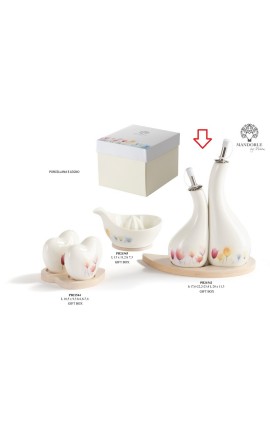 Bomboniera Matrimonio Set 2 Oliere Porcellana e Legno Decoro Tulipani Con Box