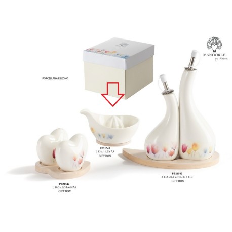 Bomboniera Matrimonio Spremiagrumi Porcellana e Legno Decoro Tulipani Con Box