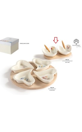 Bomboniera Matrimonio Set Antipastiera 2 Ciotoline Cuore Porcellana e Legno Decoro Tulipani Con Box