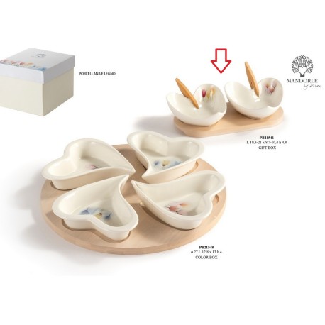 Bomboniera Matrimonio Set Antipastiera 2 Ciotoline Cuore Porcellana e Legno Decoro Tulipani Con Box