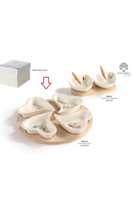 Bomboniera Matrimonio Set Antipastiera 4 Ciotoline Cuore Porcellana e Legno Decoro Tulipani Con Box