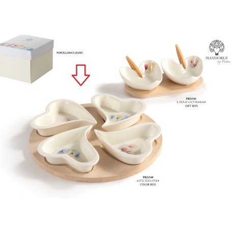 Bomboniera Matrimonio Set Antipastiera 4 Ciotoline Cuore Porcellana e Legno Decoro Tulipani Con Box
