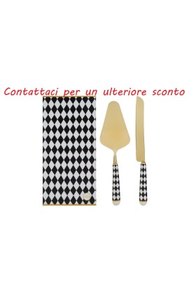 Bomboniera Matrimonio Set 2 Pezzi Taglia Torta Paletta e Coltello Decoro Scacchi Porcellana e Metallo Con Box