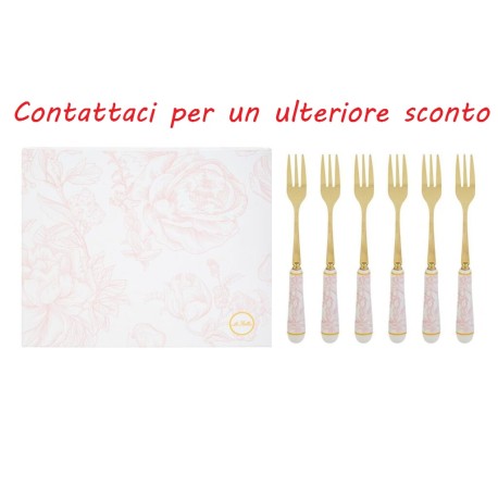 Bomboniera Matrimonio Set 6 Pezzi Forchettine Decoro Fiori Rosa Porcellana e Metallo Con Box