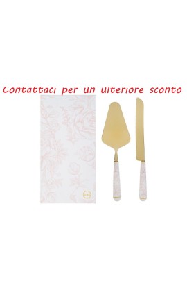Bomboniera Matrimonio Set 2 Pezzi Taglia Torta Paletta e Coltello Decoro Fiori Rosa Porcellana e Metallo Con Box