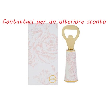Bomboniera Matrimonio Apribottiglie Decoro Fiori Rosa Porcellana e Metallo Con Box