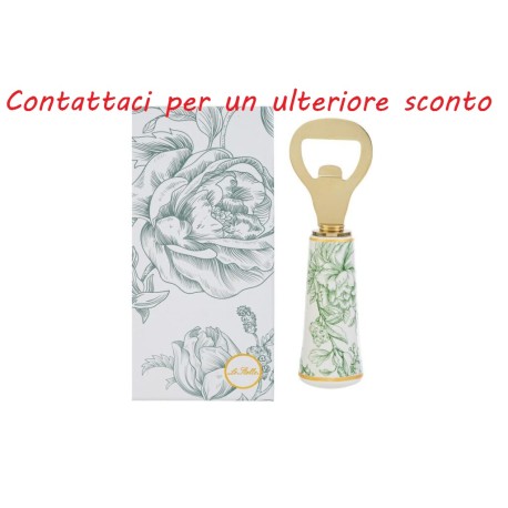 Bomboniera Matrimonio Apribottiglie Decoro Fiori Verdi Porcellana e Metallo Con Box