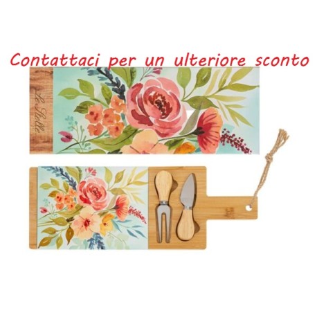 Bomboniera Matrimonio Set 3 Pz Tagliere Legno Con Coltellino Decoro Floreale Con Box