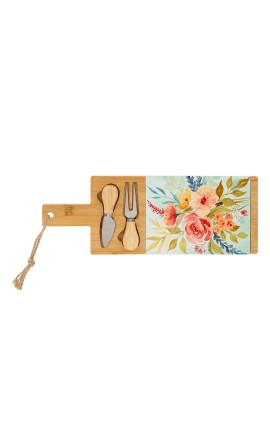 Bomboniera Matrimonio Set 3 Pz Tagliere Legno Con Coltellino Decoro Floreale Con Box