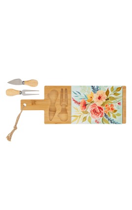 Bomboniera Matrimonio Set 3 Pz Tagliere Legno Con Coltellino Decoro Floreale Con Box