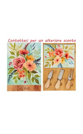 Bomboniera Matrimonio Set 4 Pz Tagliere Legno Con Posate Formaggio Decoro Floreale Con Box