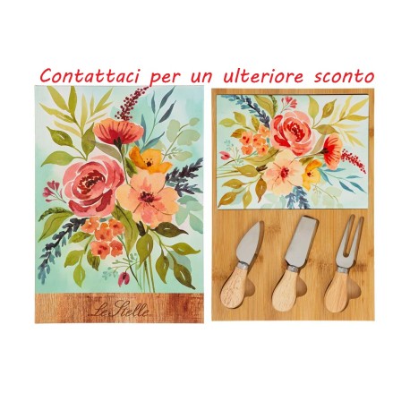 Bomboniera Matrimonio Set 4 Pz Tagliere Legno Con Posate Formaggio Decoro Floreale Con Box
