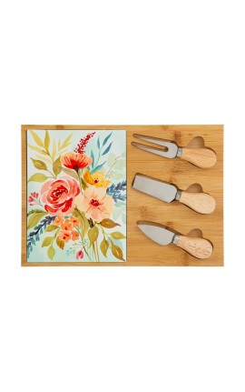 Bomboniera Matrimonio Set 4 Pz Tagliere Legno Con Posate Formaggio Decoro Floreale Con Box