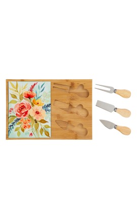 Bomboniera Matrimonio Set 4 Pz Tagliere Legno Con Posate Formaggio Decoro Floreale Con Box