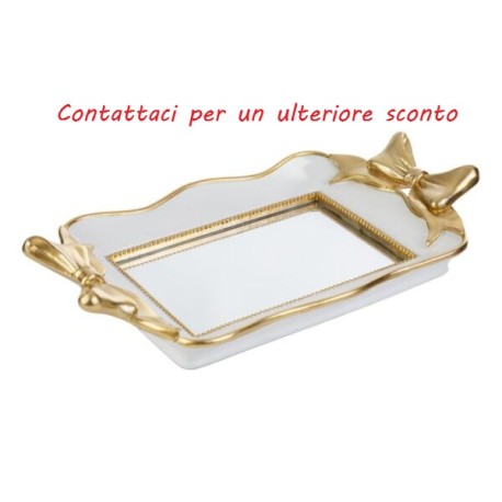 Vassoio Resina Specchiato Con Fiocco Bianco e Oro