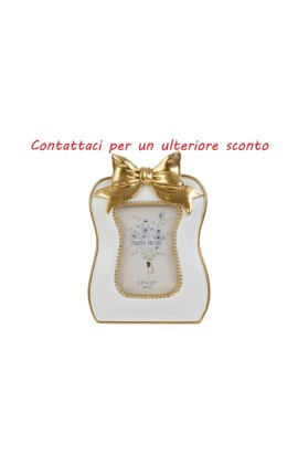 Bomboniera Matrimonio Portafoto in Resina Fiocco Oro 11x15 Cm Con Shopper