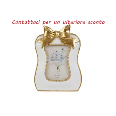 Bomboniera Matrimonio Portafoto in Resina Fiocco Oro 11x15 Cm Con Shopper
