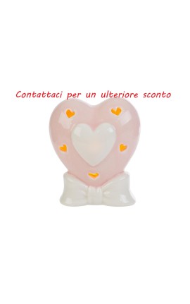 Bomboniera Battesimo Nascita Cuore Porcellana Led Rosa Con Shopper