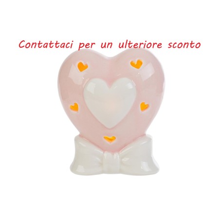 Bomboniera Battesimo Nascita Cuore Porcellana Led Rosa Con Shopper