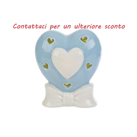 Bomboniera Battesimo Nascita Cuore Porcellana Led Celeste Con Shopper