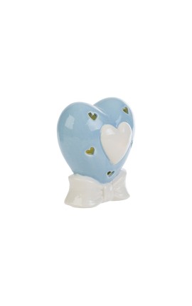 Bomboniera Battesimo Nascita Cuore Porcellana Led Celeste Con Shopper