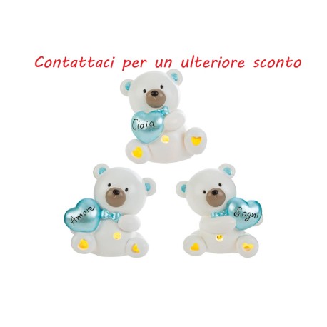 Bomboniera Battesimo Compleanno Nascita Orsetto Led Celeste 3 Assortiti con Shopper