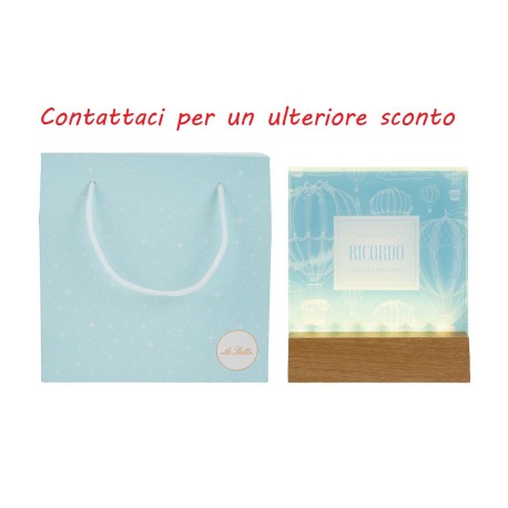 Bomboniera Battesimo Compleanno Nascita Lampada Led Vetro Celeste Decoro Mongolfiera Con Shopper