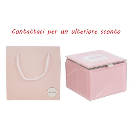 Bomboniera Battesimo Compleanno Nascita Scatola Vetro Rosa 9x9xh.7 Cm Decoro Mongolfiera Con Shopper
