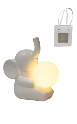 Bomboniera Battesimo Elefantino Lampada Led Porcellana Bianco Con Bag