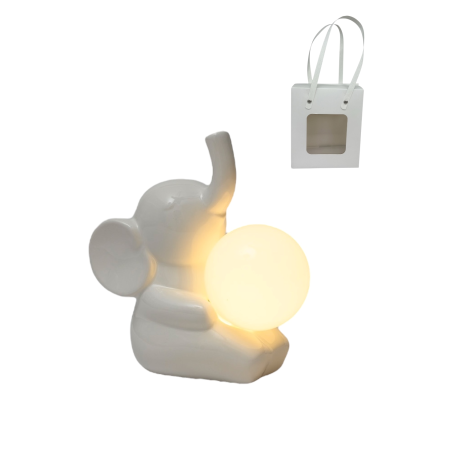 Bomboniera Battesimo Elefantino Lampada Led Porcellana Bianco Con Bag