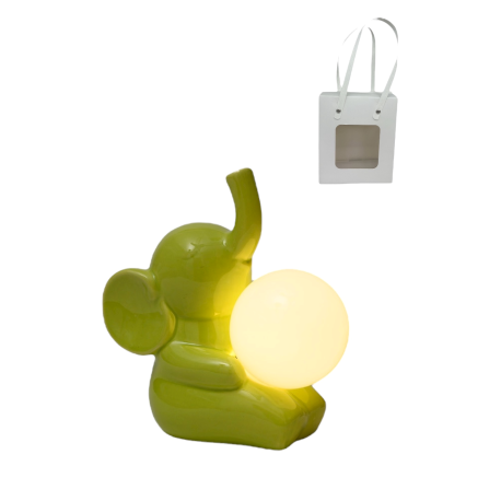 Bomboniera Battesimo Elefantino Lampada Led Porcellana Verde Con Bag