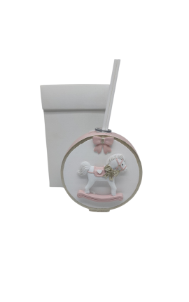 Bomboniera Battesimo Compleanno Profumatore Diffusore Tondo Cavalluccio a Dondolo Rosa Con Box