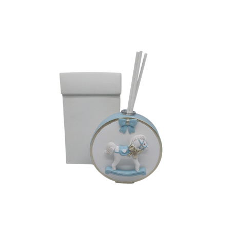 Bomboniera Battesimo Compleanno Profumatore Diffusore Tondo Cavalluccio a Dondolo Celeste Con Box