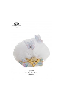Bomboniera Matrimonio Compleanno Saponetta Quadrata Decoro Floreale Acquarel Rivestita con Dettagli Dorati e Tulle