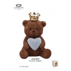 Bomboniera Battesimo Compleanno Orsetto Teddy Brown Con Cuore Celeste e Corona Oro Con Box