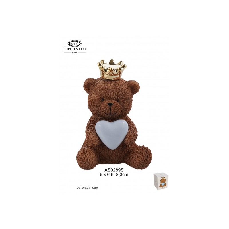 Bomboniera Battesimo Compleanno Orsetto Teddy Brown Con Cuore Celeste e Corona Oro Con Box