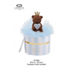 Bomboniera Battesimo Compleanno Scatola Portaconfetti Tonda Con Orsetto Teddy Brown Con Cuore Celeste e Corona Oro Con Box