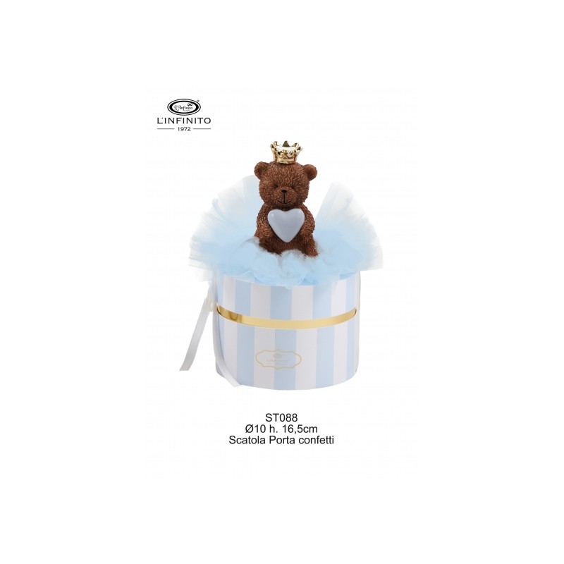 Bomboniera Battesimo Compleanno Scatola Portaconfetti Tonda Con Orsetto Teddy Brown Con Cuore Celeste e Corona Oro Con Box