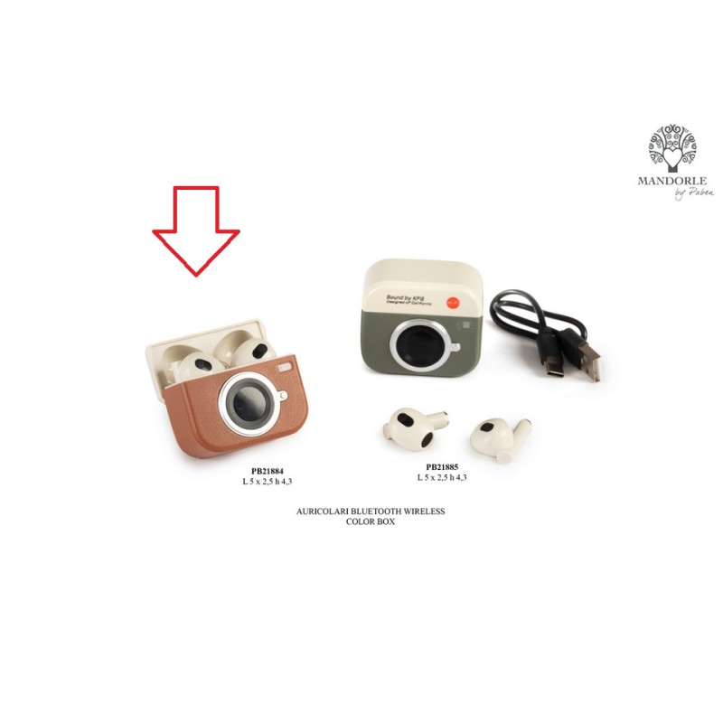 Bomboniera Matrimonio Comunione Compleanno Auricolari Bluetooth Fotocamera Retro Marroni Con Box